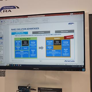 Foto eines Computerbildschirms mit Präsentationsfolie zu Renesas RA0E1