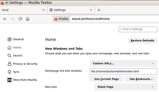 Mozilla Firefox Einstellungen für die Startseite
