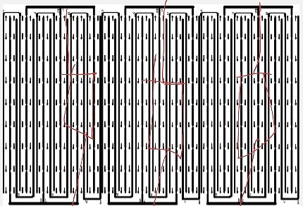 Leiterbahnen eines PCB-Layouts mit roten Markierungen
