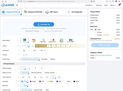 Webseite eines PCB-Herstellers mit Konfigurationsoptionen