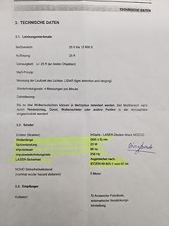 Technische Daten eines LIDAR-Sensors