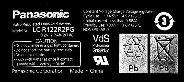 Datenblatt-Ausschnitt einer Panasonic Blei-Akkumulator-Batterie