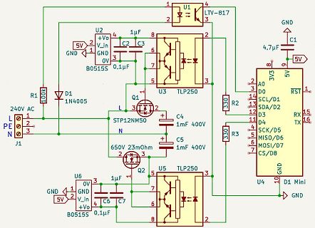 Schaltplan einer Leistungsschaltung mit Optokopplern und MOSFETs