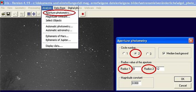 Screenshot der Software Iris mit Apertur-Photometrie-Einstellungen