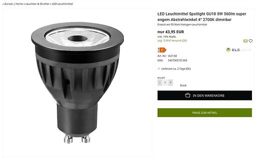 Produktseite einer LED-Leuchtmittel Spotlight GU10