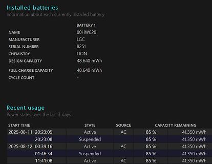 Batterie-Statusinformationen und Stromverbrauchshistorie