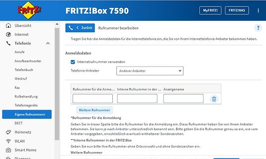 Benutzeroberfläche FRITZ!Box 7590 Telefonie-Einstellungen