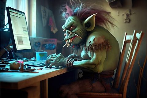Grüner Troll am Computer arbeitend