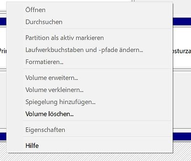 Kontextmenü einer Festplattenverwaltung