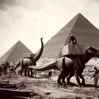 Dinosaurier transportieren Steinblöcke vor Pyramiden