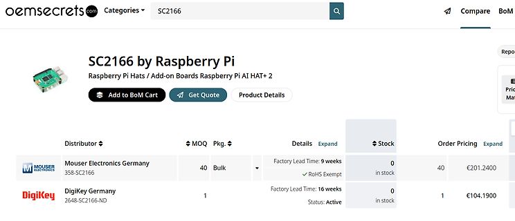 Webseite von oemsecrets.com für SC2166 Raspberry Pi HAT+