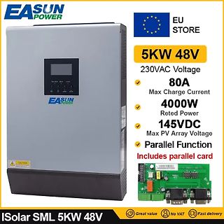 EASUN Power Wechselrichter mit technischen Daten und Parallelkarte