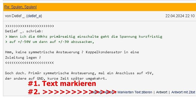 Screenshot eines Forenbeitrags über Spulen und Spannungen