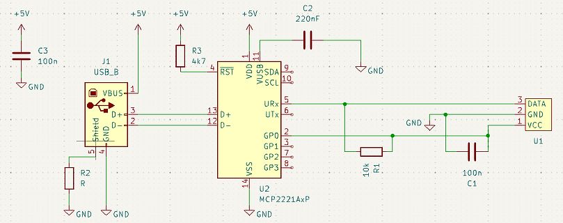 Schaltplan mit USB-Anschluss und MCP2221AxP