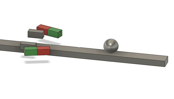 3D-Modell eines Hebelmechanismus mit Gewichten und Kugel
