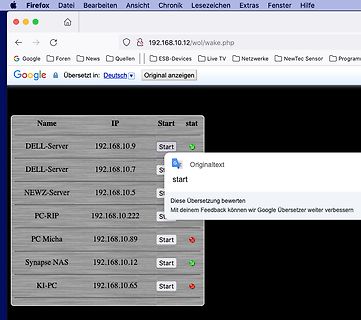 Screenshot einer Webseite mit Liste von Servern und IP-Adressen