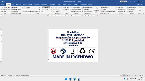 Screenshot eines Word-Dokuments mit Herstellerangaben