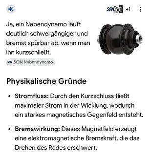 Erklärung der Bremswirkung eines Nabendynamos bei Kurzschluss