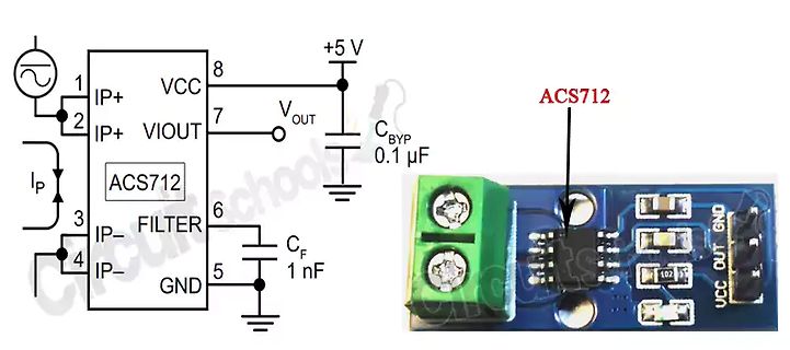 Schaltplan und Foto eines ACS712 Stromsensors