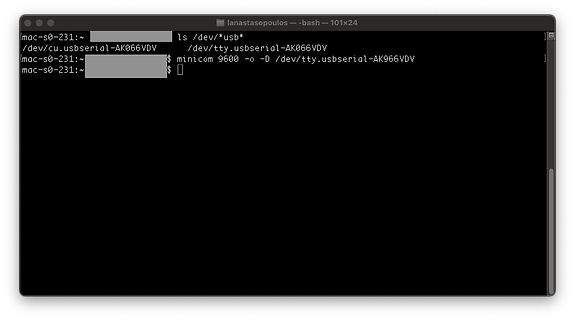 Terminal-Screenshot mit USB-Seriell-Geräteerkennung