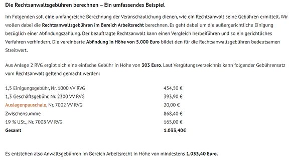 Beispielrechnung für Rechtsanwaltsgebühren im Arbeitsrecht