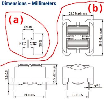 Technische Zeichnung mit Abmessungen eines Transformators