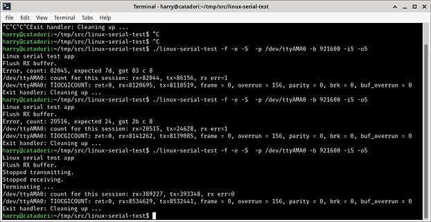 Terminal-Ausgabe eines Linux-Serielltests