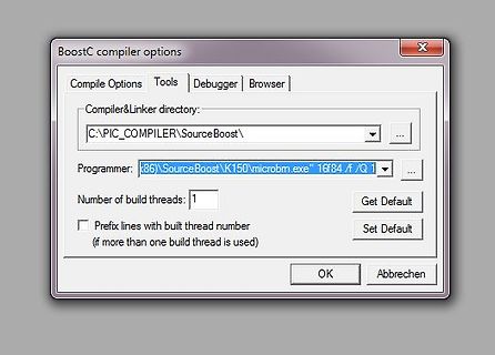 Einstellungsfenster des BoostC Compilers