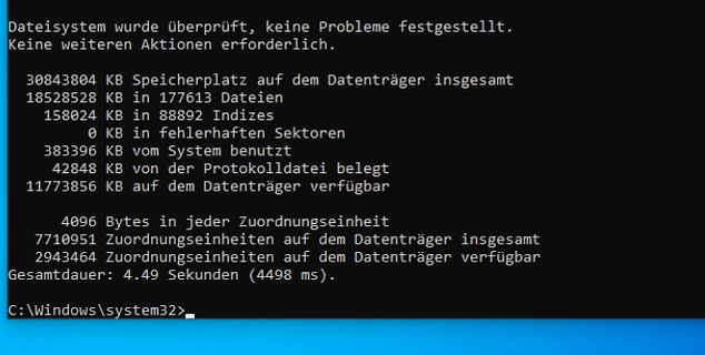 Windows Dateisystemprüfung Ergebnis im Terminal