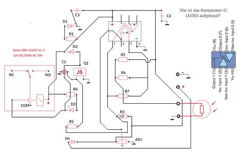 Schaltplan mit Komparator-IC LM393 und Relais