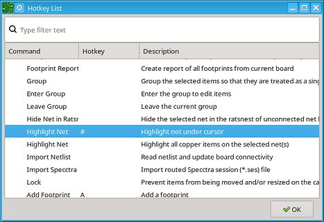 Hotkey-Liste einer Software