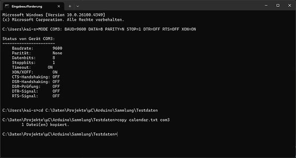Windows Eingabeaufforderung mit COM-Port Konfiguration und Datei-Kopie
