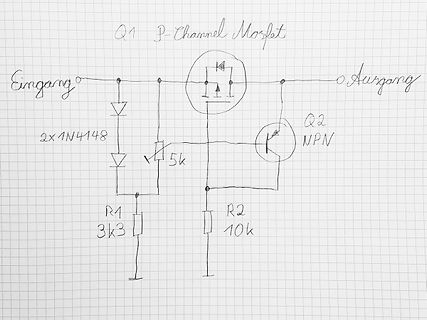 Handgezeichneter Schaltplan mit P-Channel MOSFET und NPN Transistor
