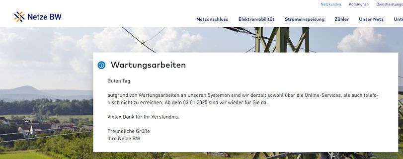 Website-Meldung über Wartungsarbeiten von Netze BW