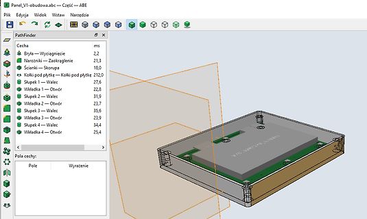 CAD-Modell eines Gehäuses mit Eigenschaftenliste