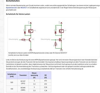 Schaltplan und Tabelle für Transistor-Schaltstufen