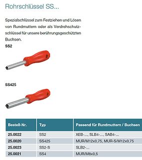 Produktseite von Rohrschlüsseln mit Tabelle