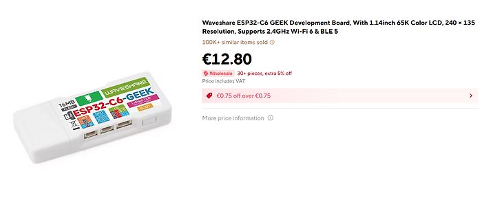 Produktseite eines Waveshare ESP32-C6 GEEK Development Boards