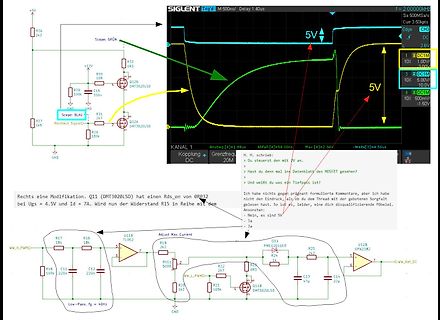 Schaltplan mit Oszilloskop-Screenshot und Forentext