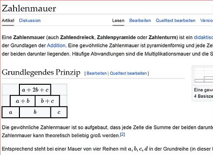 Wikipedia-Artikel über eine Zahlenmauer