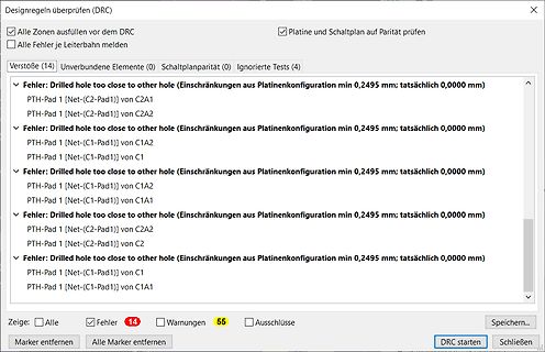 DRC Fehlermeldungen in einer PCB-Design-Software