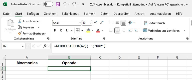 Excel-Tabelle mit Assembler-Formel