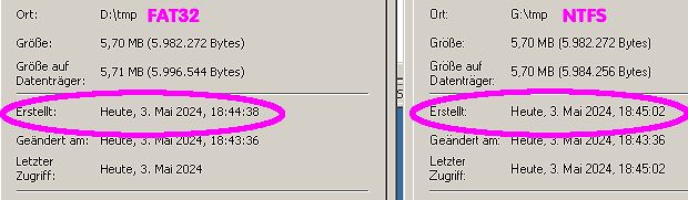 Vergleich von Dateieigenschaften FAT32 und NTFS