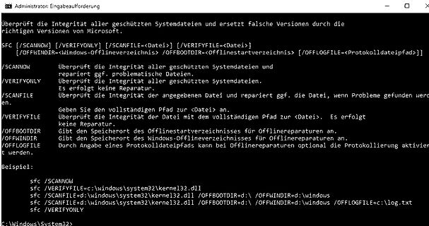 Hilfetext des SFC-Befehls in der Windows-Eingabeaufforderung
