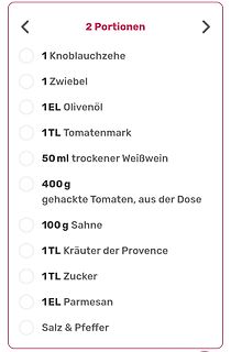 Zutatenliste für ein Rezept
