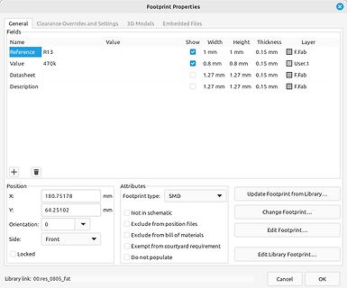 Footprint Properties Dialogfeld in einer EDA-Software
