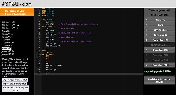 ASM80 Online Assembler Editor mit Assembly Code