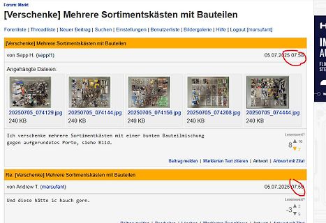 Screenshot eines Forenbeitrags über Sortimentskästen mit Bauteilen