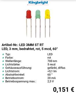 Produktseite einer roten 3mm LED