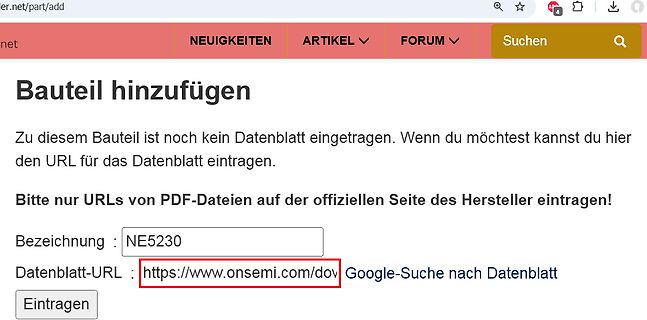 Webseite zum Hinzufügen eines Bauteils